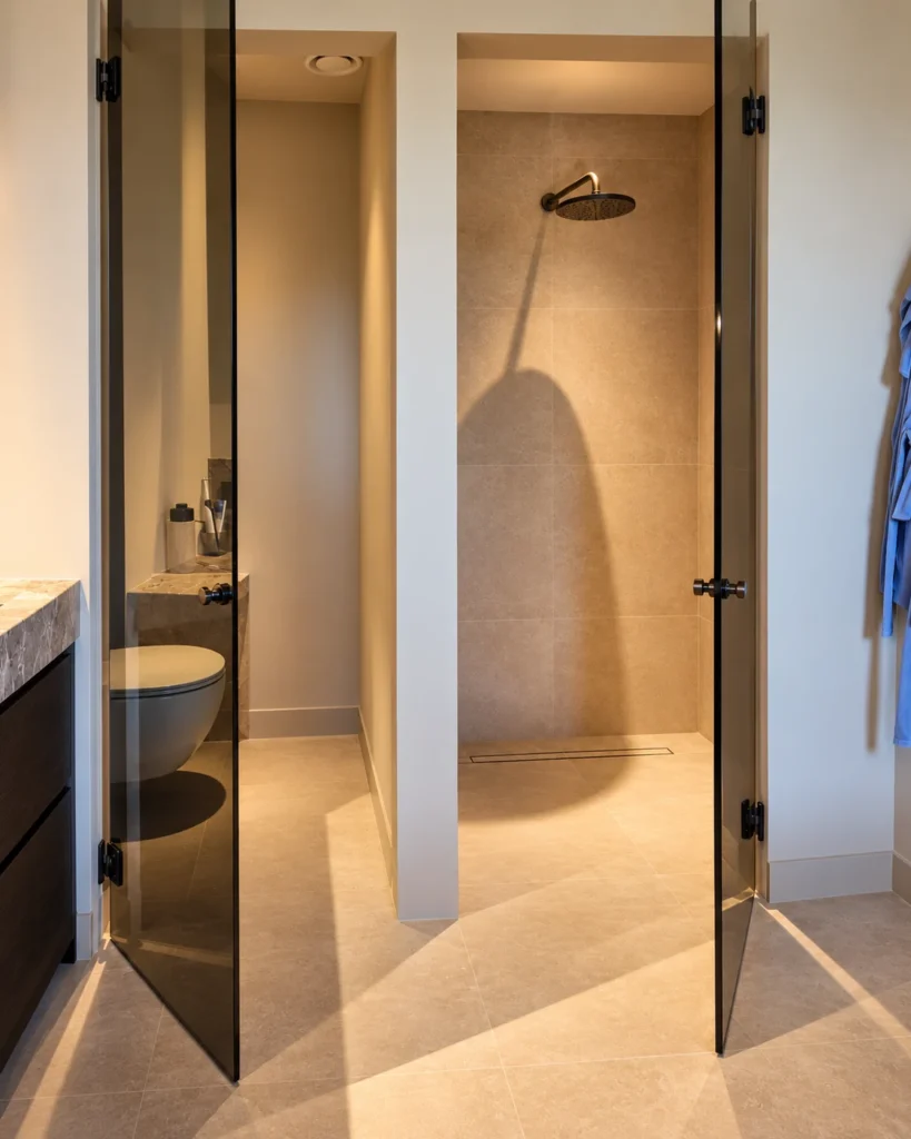 Douche met regendouche, keramische tegels en een rookglazen deur bij WRMD Amsterdam